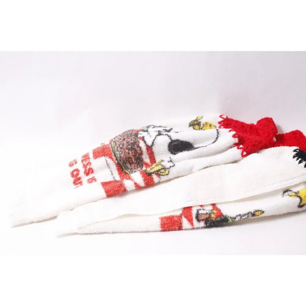 Vintage Stove Snoopy Kitchen Towel Lot with Crochet Top Happiness Is Eating Out